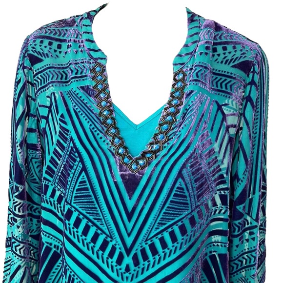 HALE BOB top in teal& deep purple velvet, beading at v neck line, small, EUC - Picture 2 of 12